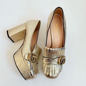Gucci Metallic Gold Marmont GG Platform Platino Fringe Logo Block Heel pumps37.5